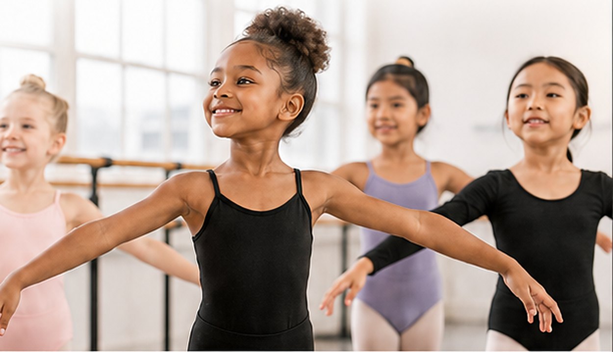 Smiling young dancers in leotards with arms extended during ballet class