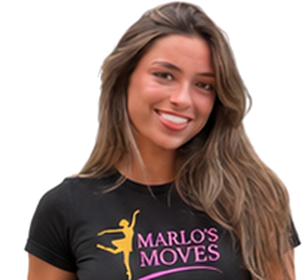 Marlo Quinn Gorman smiling in a Marlo's Moves t-shirt